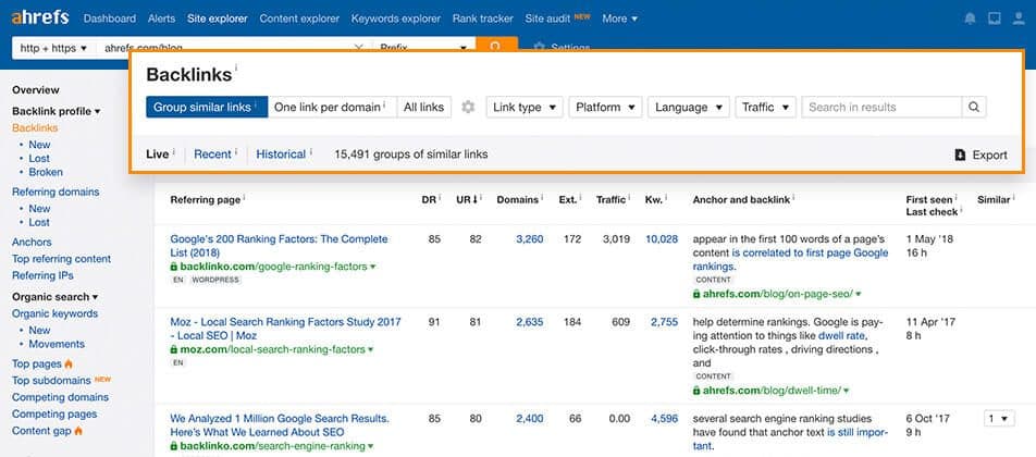 SEO dashboard showing backlink analysis and competitor data.