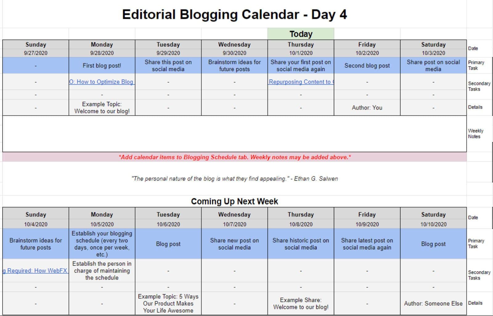 Content calendar showing planned blog topics and posting dates.