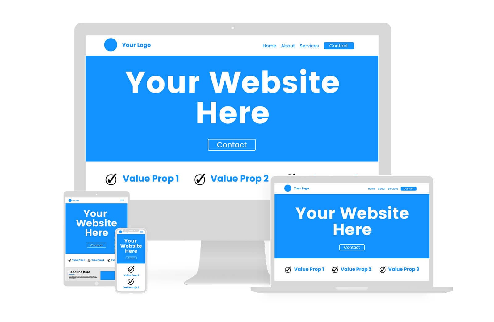 Mobile, tablet, and desktop screens showing responsive web design.