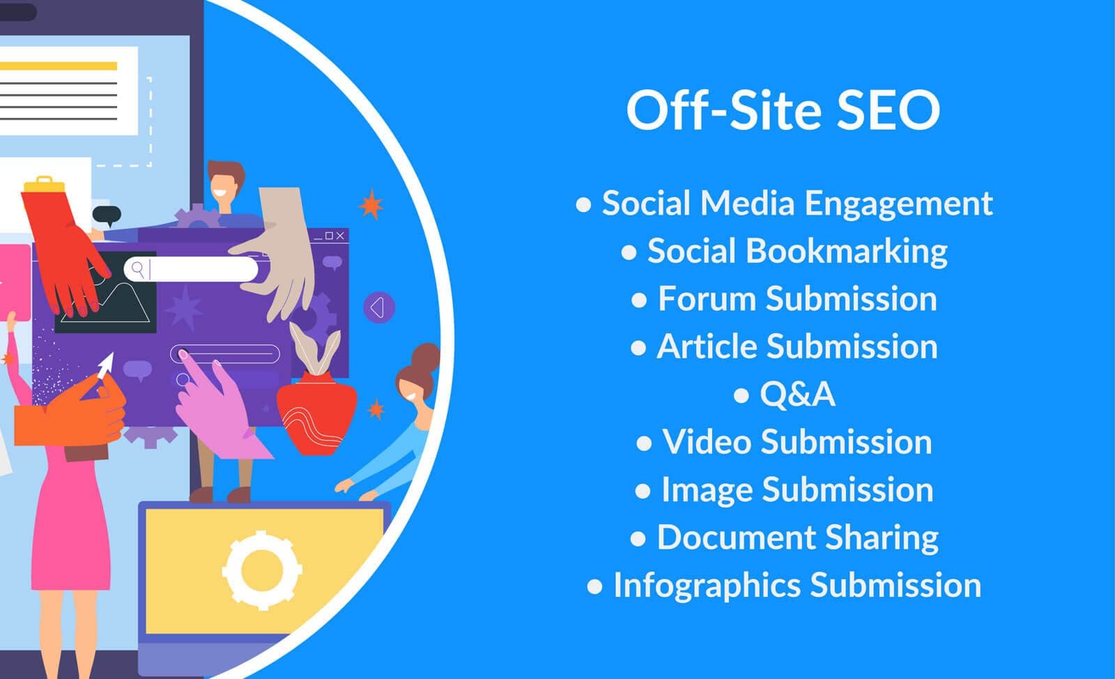 Illustration showing backlink building and social media strategies for SEO.