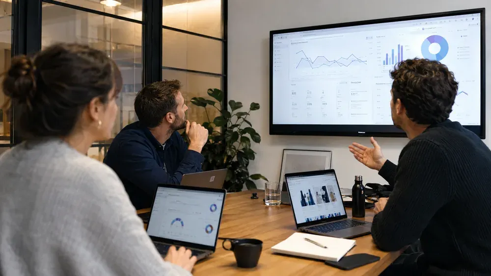 Three SEO specialists reviewing an ecommerce analytics dashboard together on a meeting room screen