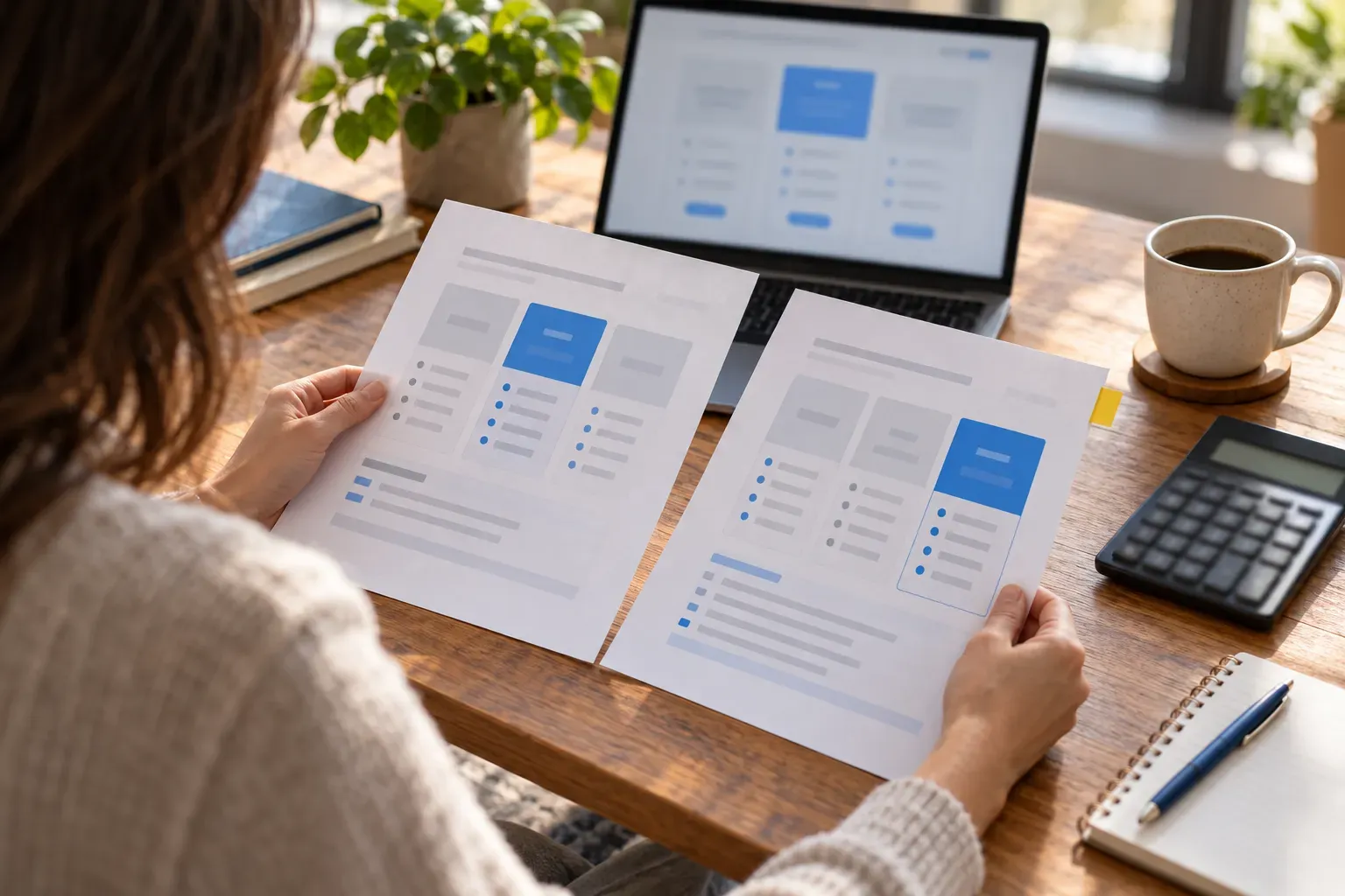 Marketing director comparing two printed SEO proposals with a calculator at a desk