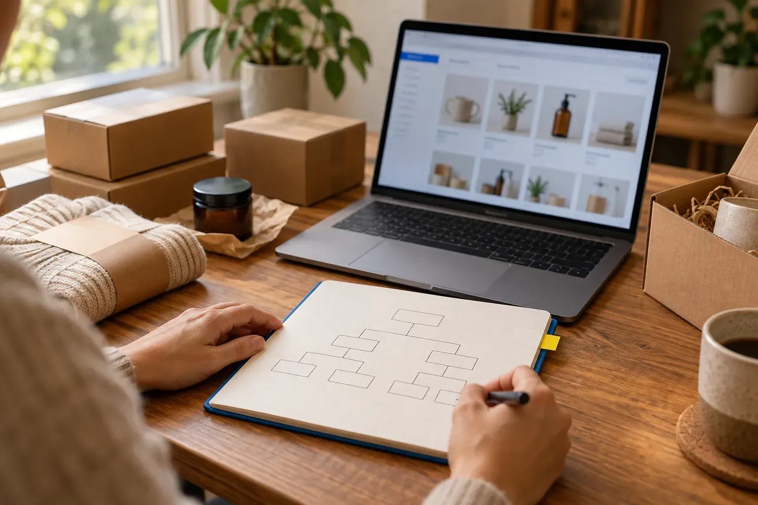 Ecommerce merchant workspace with shipping boxes, products and a laptop showing an online store collection grid