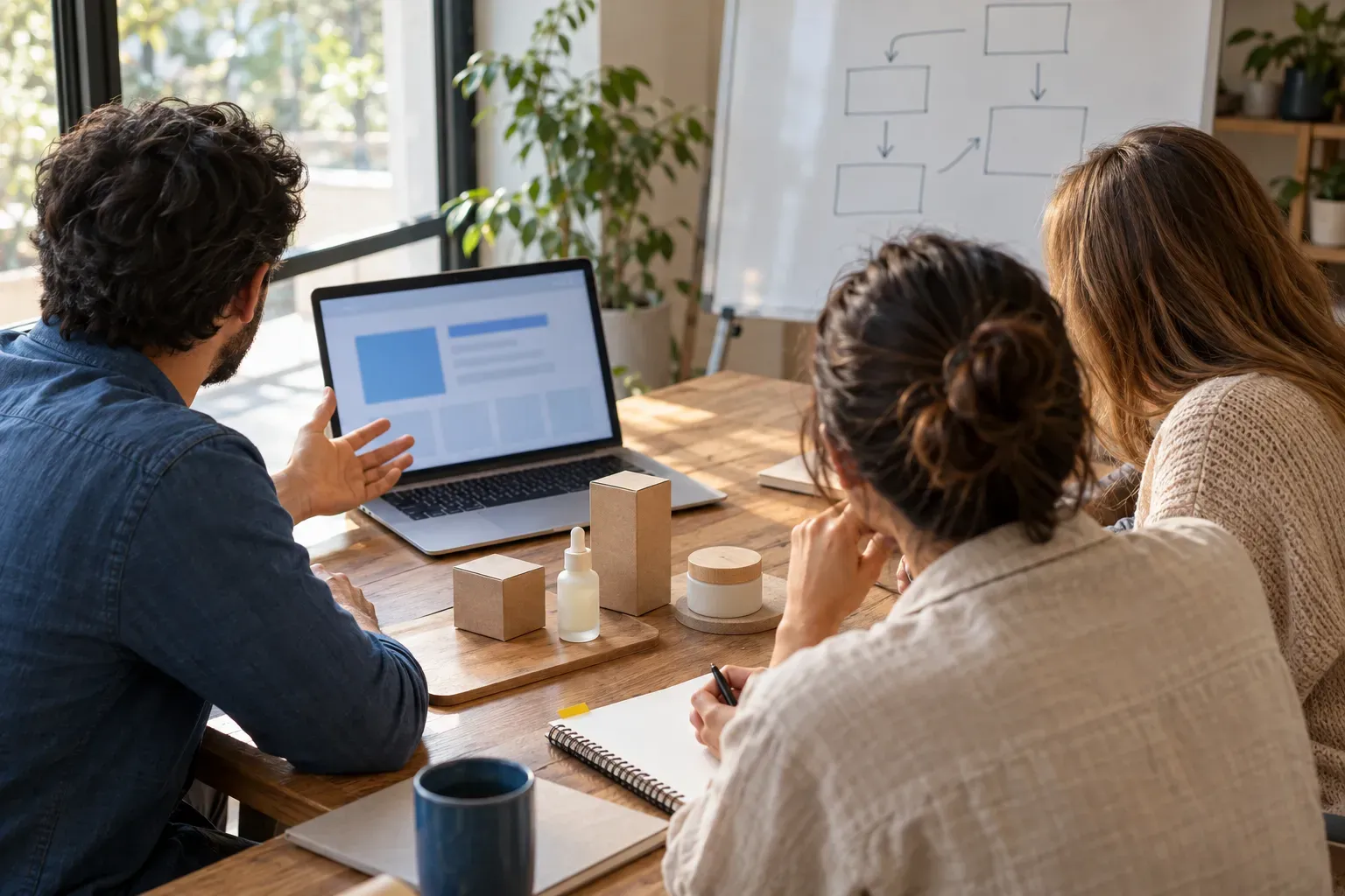 A consultant meeting with a two-person in-house ecommerce team at a wooden table
