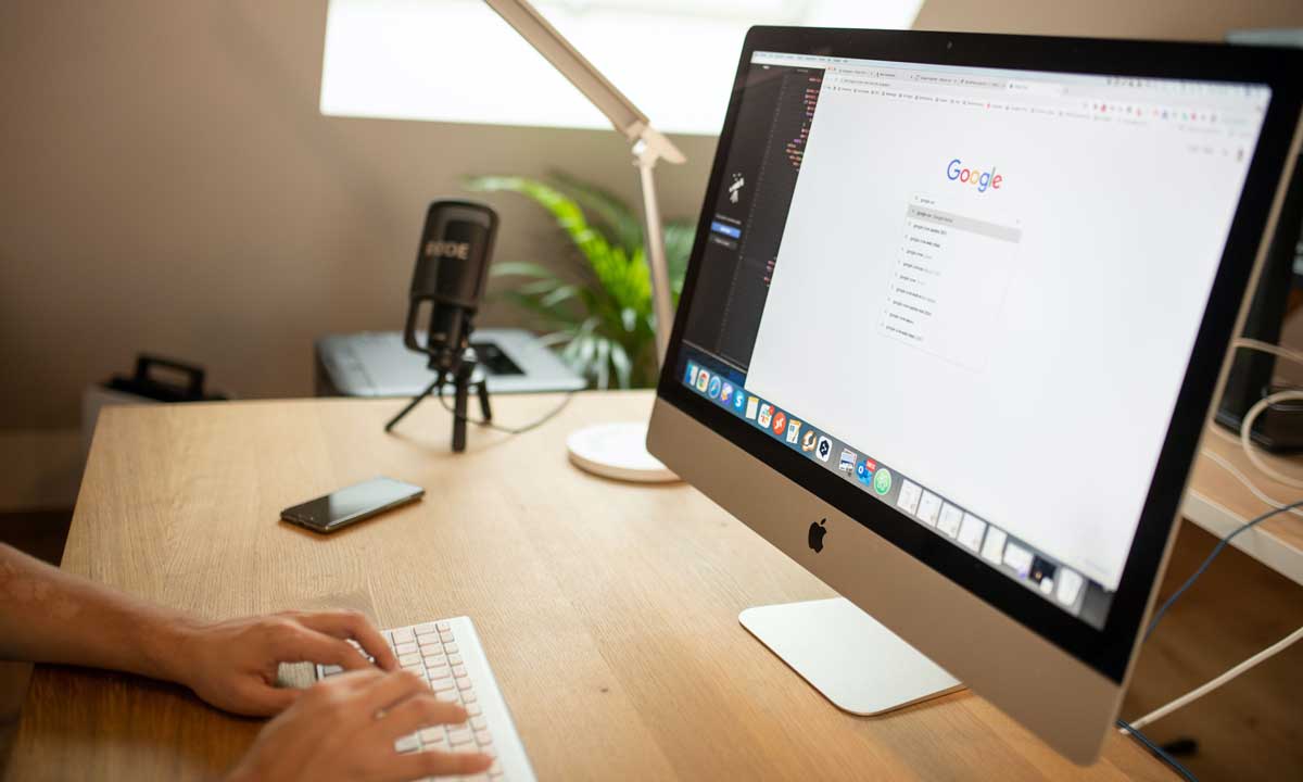 A desk with a search engine results page open on screen