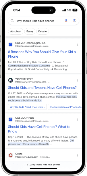 Phone showing Google results for “why should kids have phones”, with COSMO Technologies ranking first and third