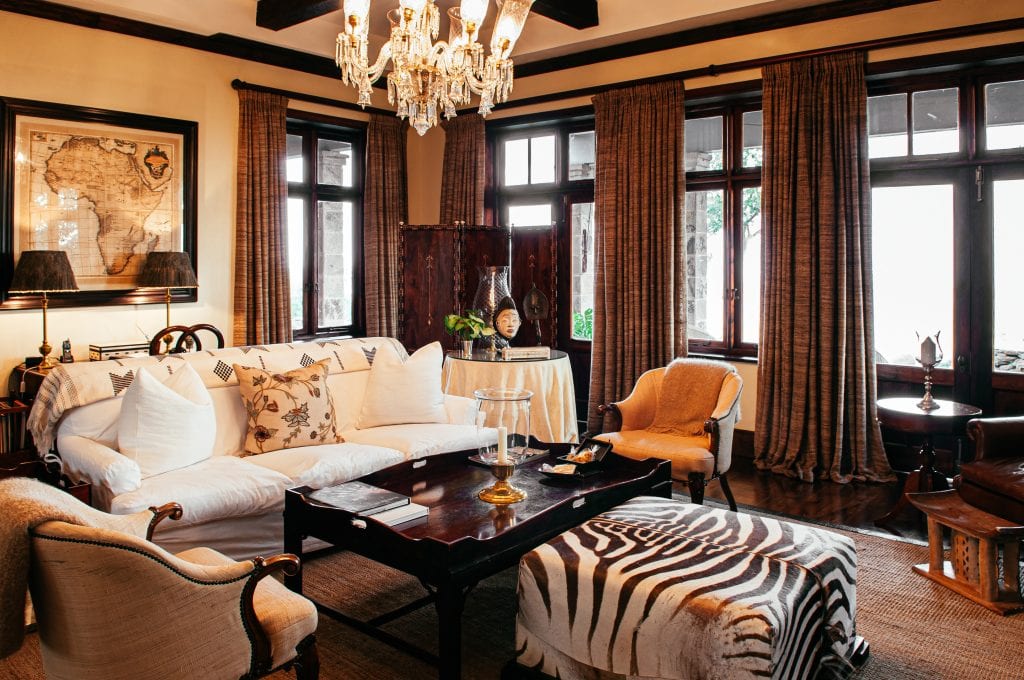 Luxury African Safari lodge living room interior with old vintage