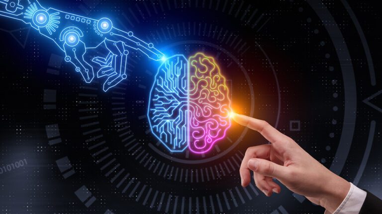 a robot hand and a human hand both touching a grahpic of a brain