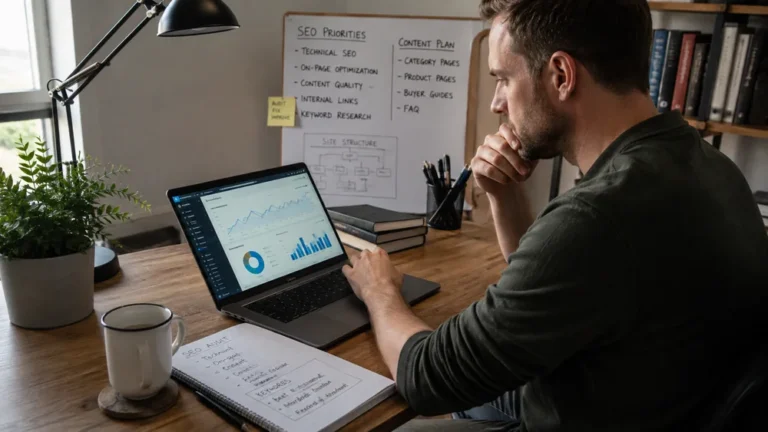 Ecommerce brand owner at a desk reviewing an organic search performance dashboard beside a whiteboard of SEO priorities